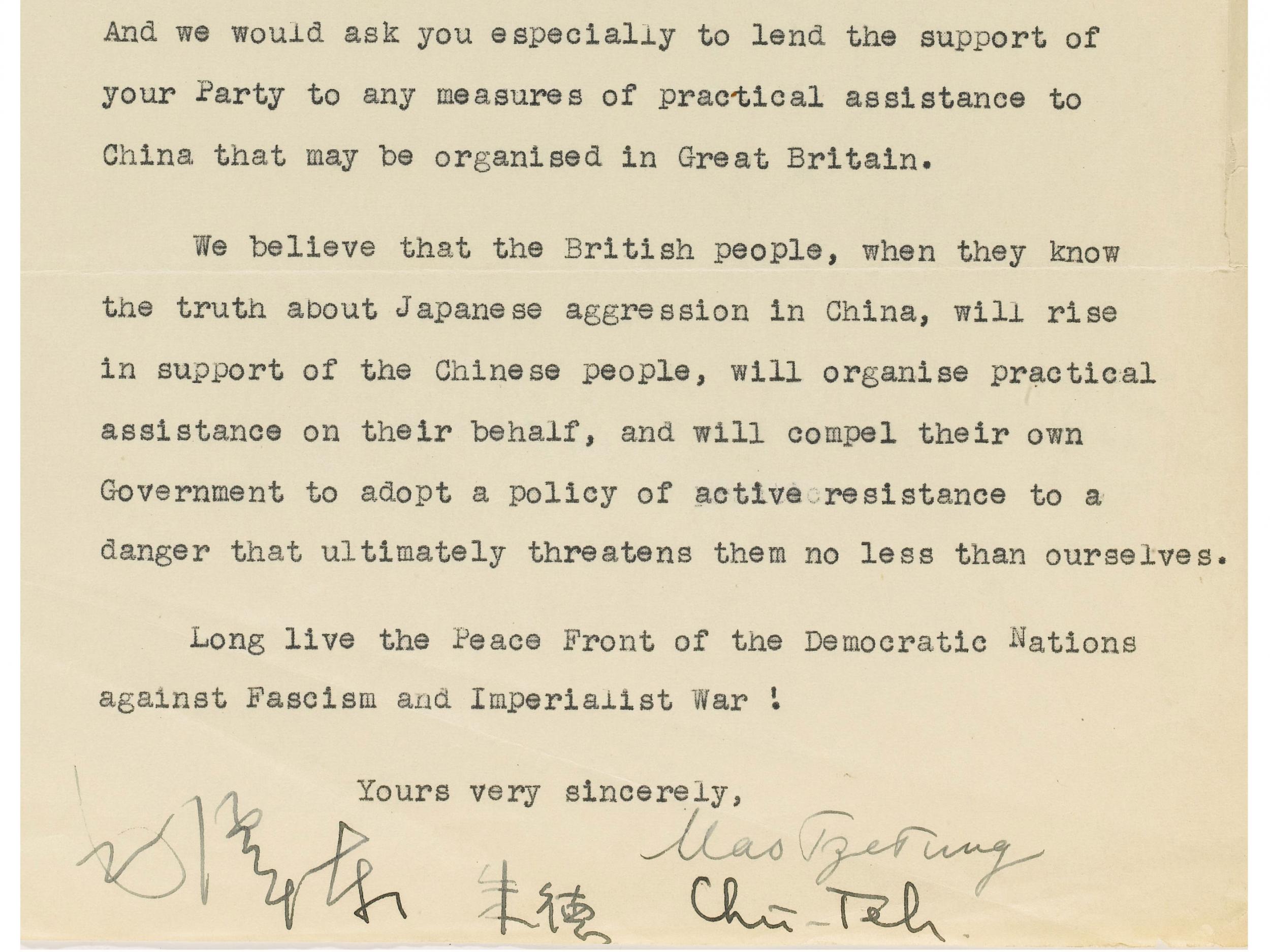 The letter from Mao Zedong to Clement Attlee - showing Mao's signature
