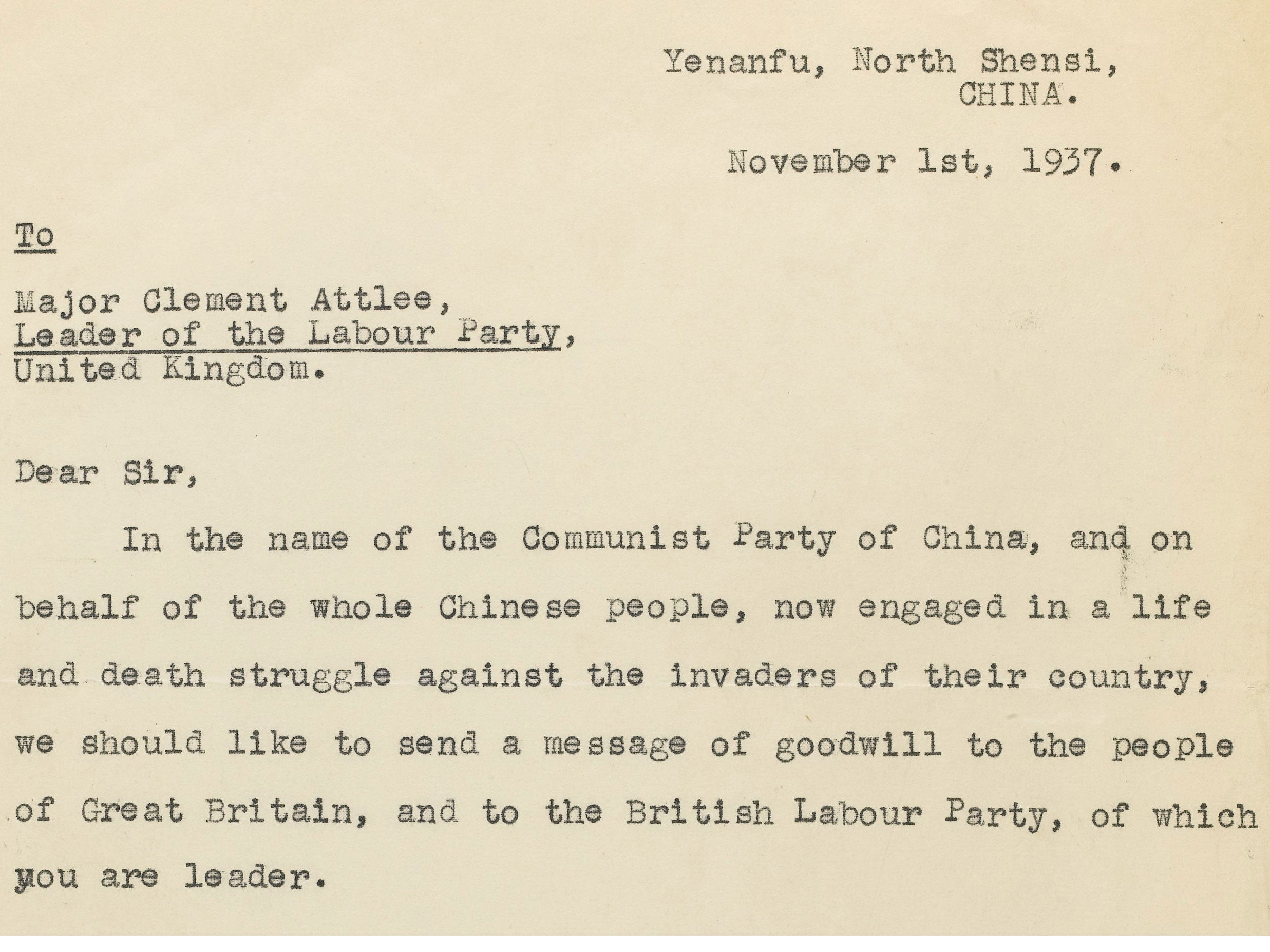 The letter from Mao Zedong to Clement Attlee