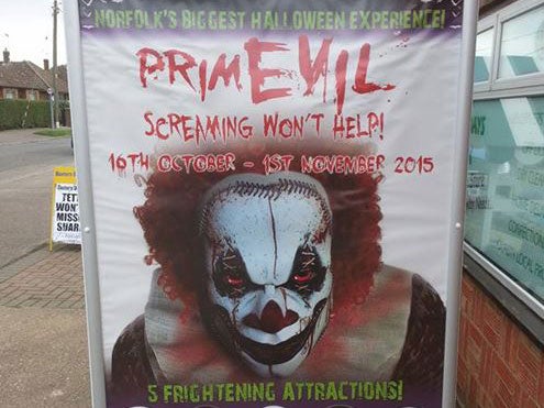 The offending clown poster outside a post office in Norwich