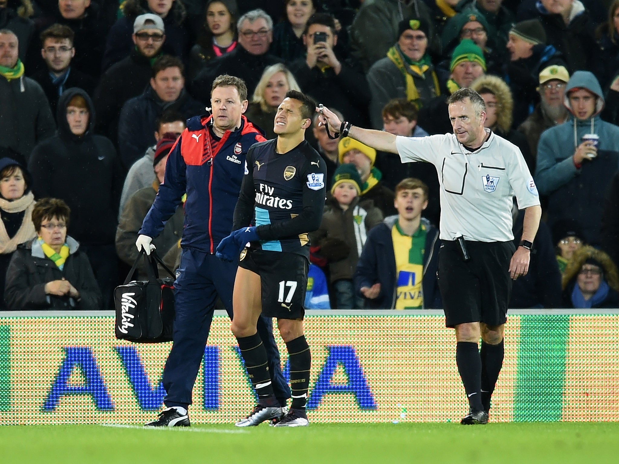 Arsenal forward Alexis Sanchez limps off during the draw at Norwich last month