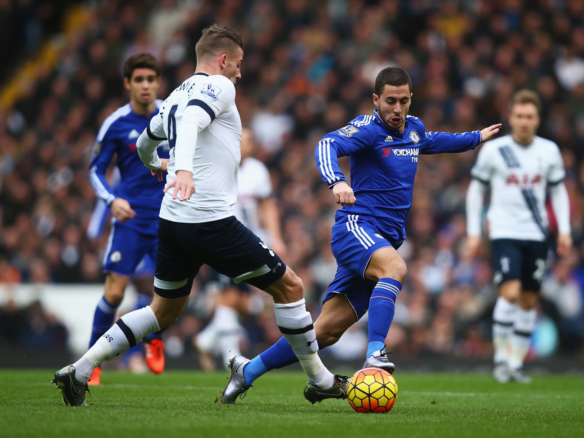 Eden Hazard takes on Toby Alderweireld