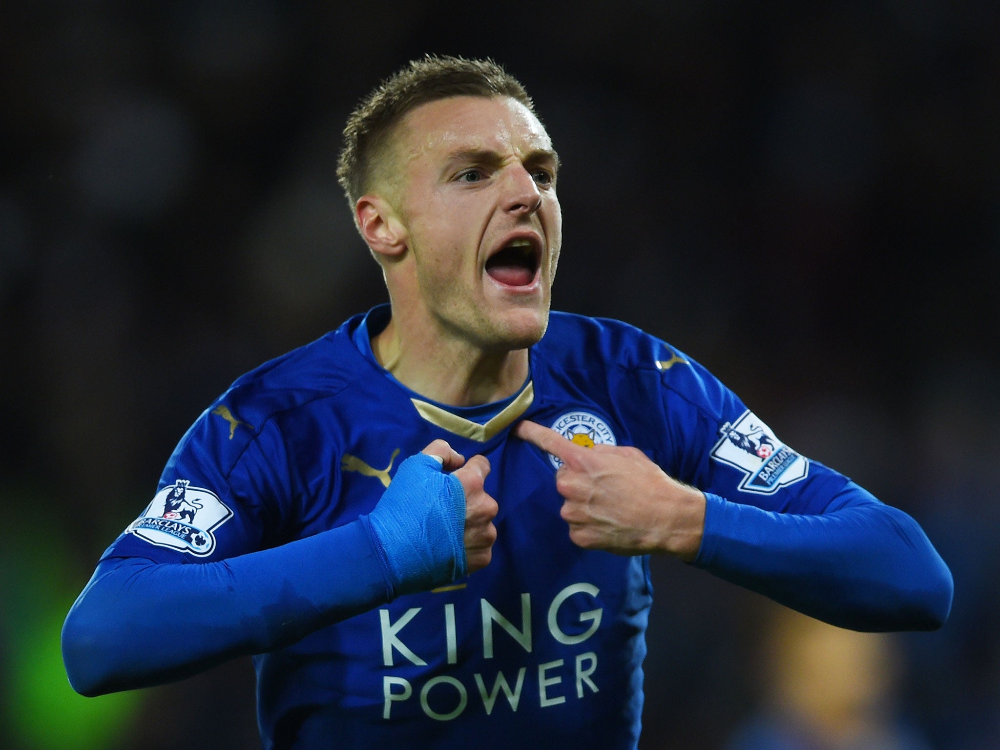 Jamie Vardy celebrates his record-breaking goal for Leicester against Manchester United