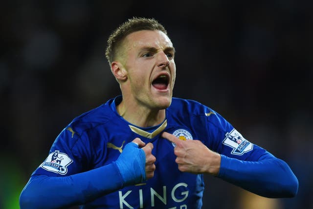 Jamie Vardy celebrates his record-breaking goal for Leicester against Manchester United