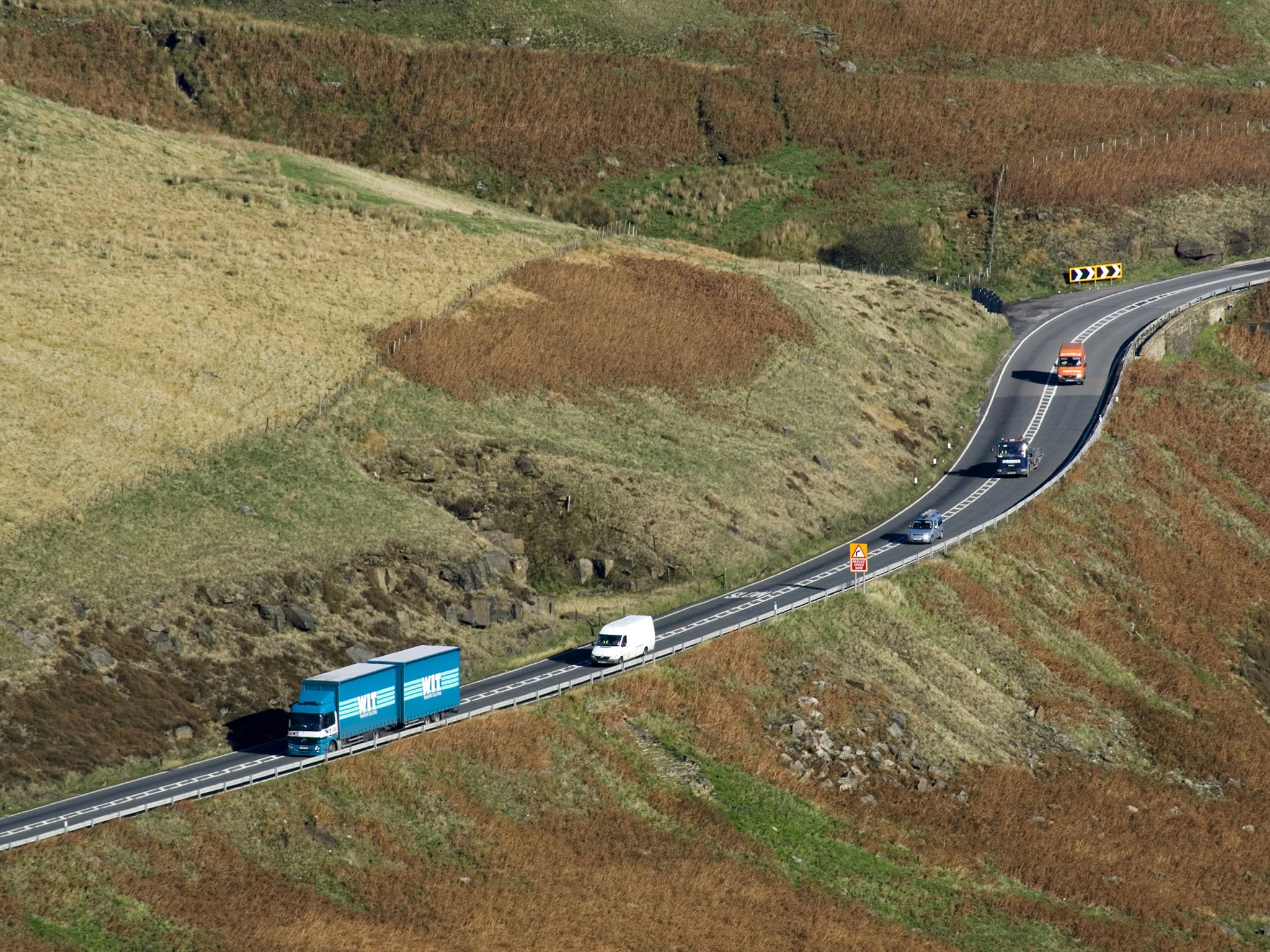 Traffic on A628 crossing the Woodhead Pass in the Longdendale Valley, Derbyshire UK