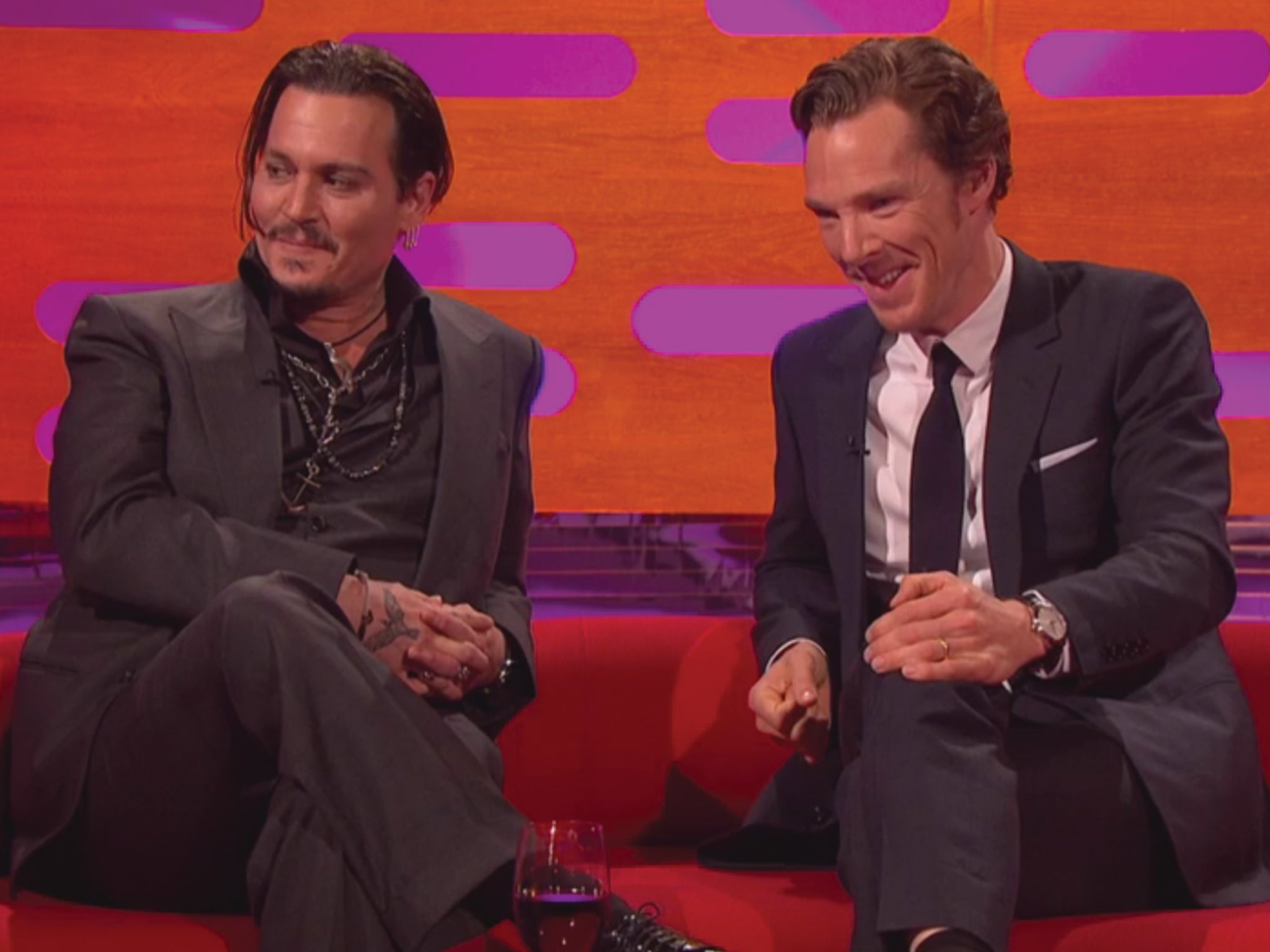 Johnny Depp and Benedict Cumberbatch on The Graham Norton Show, before they signed the giant teddy for GOSH (Screenshot: BBC)