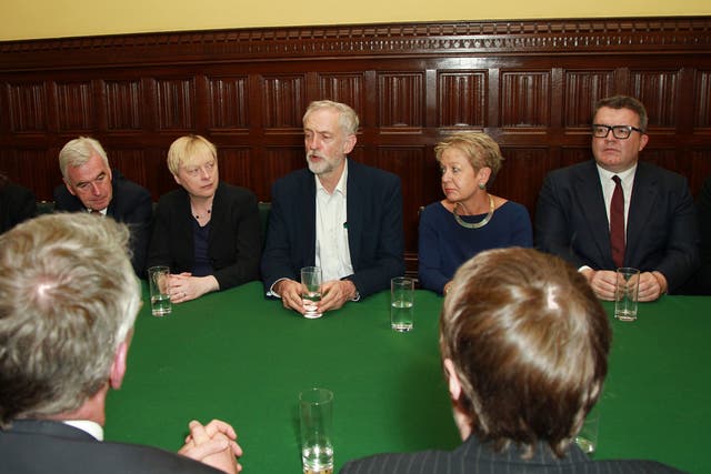 Jeremy Corbyn is flanked by Shadow Business Secretary Angela Eagle (left) and chief whip Rosie Winterton (right) at a meeting of his Shadow Cabinet