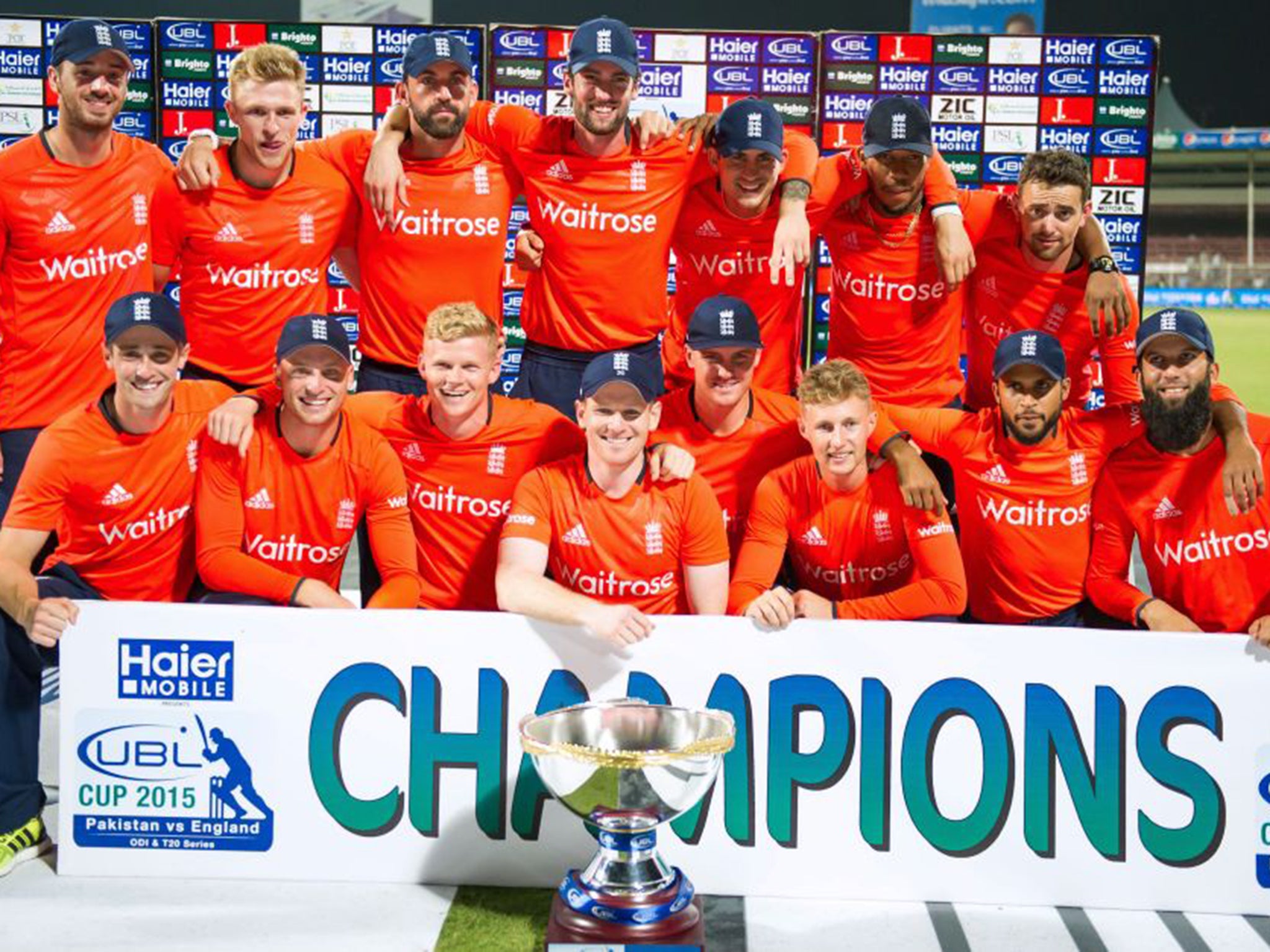 England celebrate with their trophy last night after winning the series against Pakistan 3-0