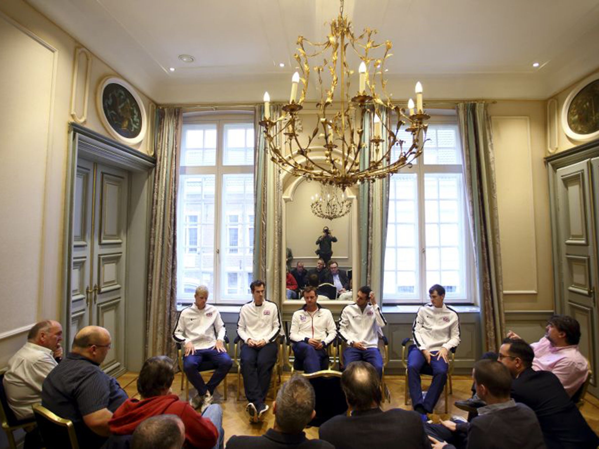From left: Kyle Edmund, Andy Murray, Leon Smith, James Ward and Jamie Murray speak to the media in Ghent