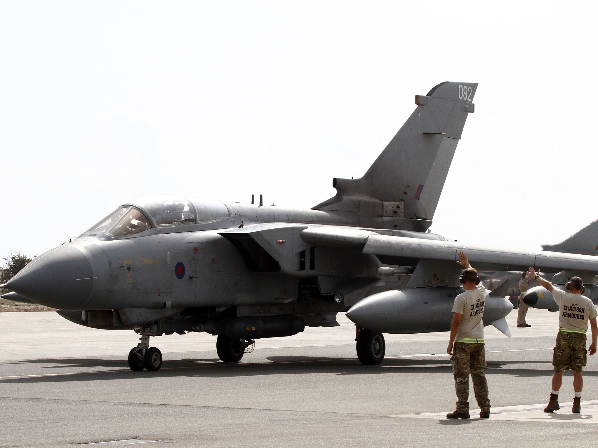 A Royal Air Force Tornado GR4 fighter jet prepares to take off on September 27, 2014, at the Akrotiri British RAF airbase near the Cypriot port city of Limassol.