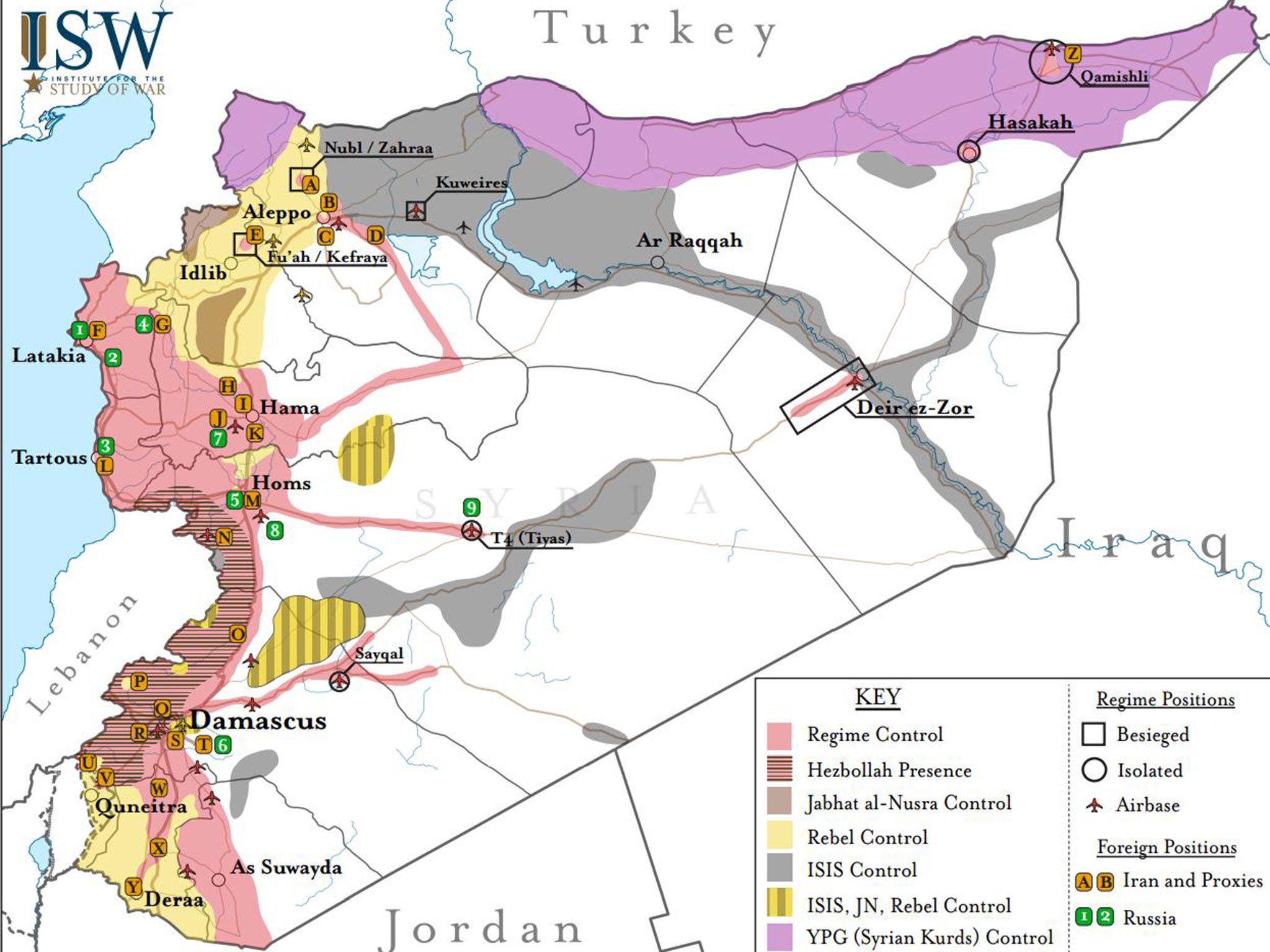 The Institute for the Study of War's map showing the parts of Syria controlled by various parties in the conflict as of November 2015.