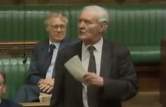 Tony Benn delivers his speech