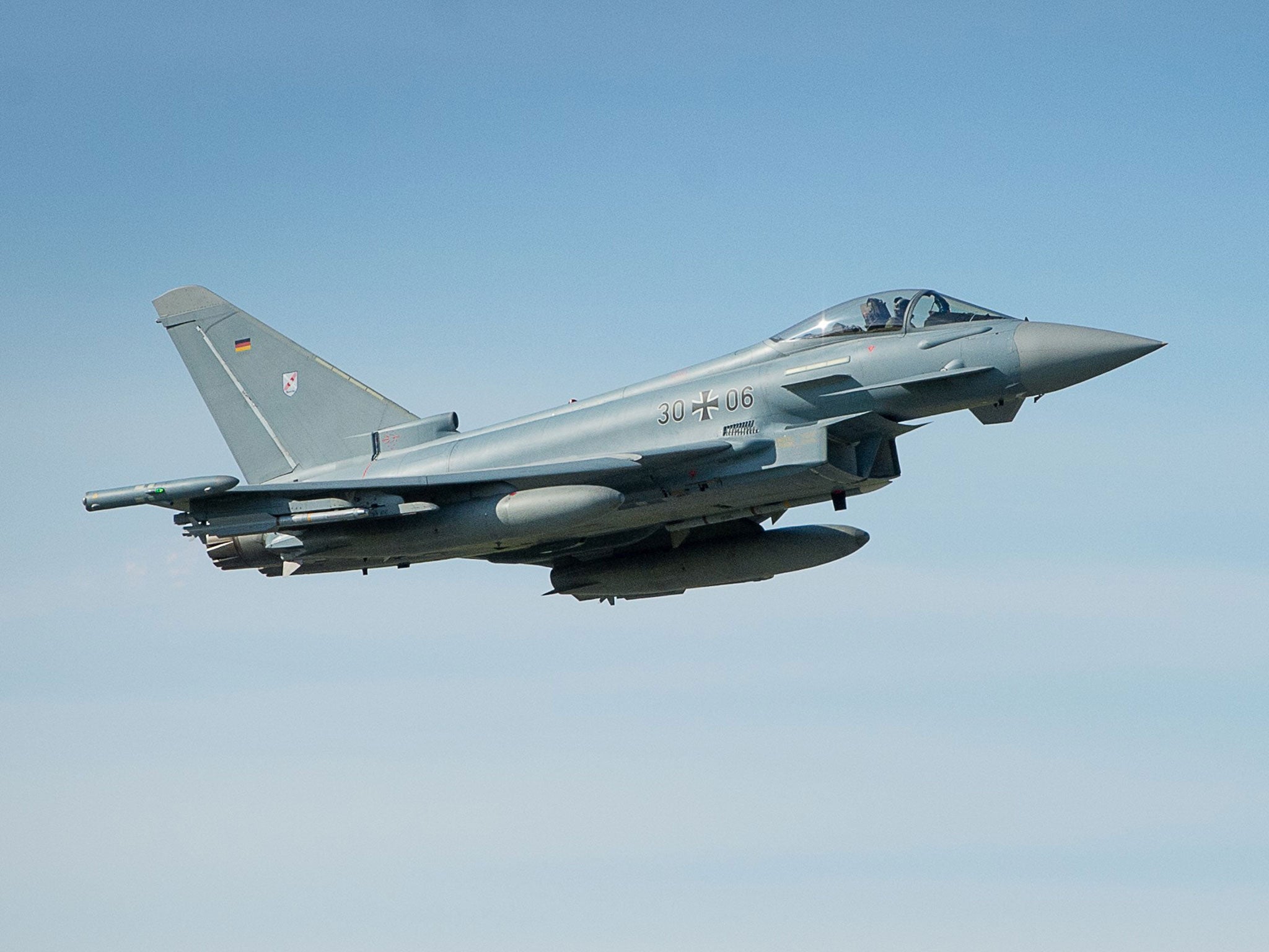 A German Eurofighter Typhoon makes a fly-by during the visit of of German air force chief Lieutenant general Karl Muellner at the Amari Air Base in Harjumaa, Estonia on September 9, 2015.