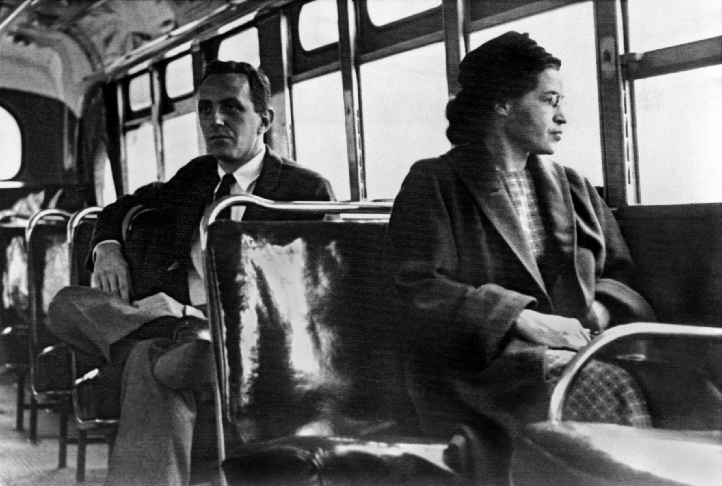 Rosa Parks seated toward the front of the bus in Montgomery, Alabama in 1956. Underwood Archives/Getty Images