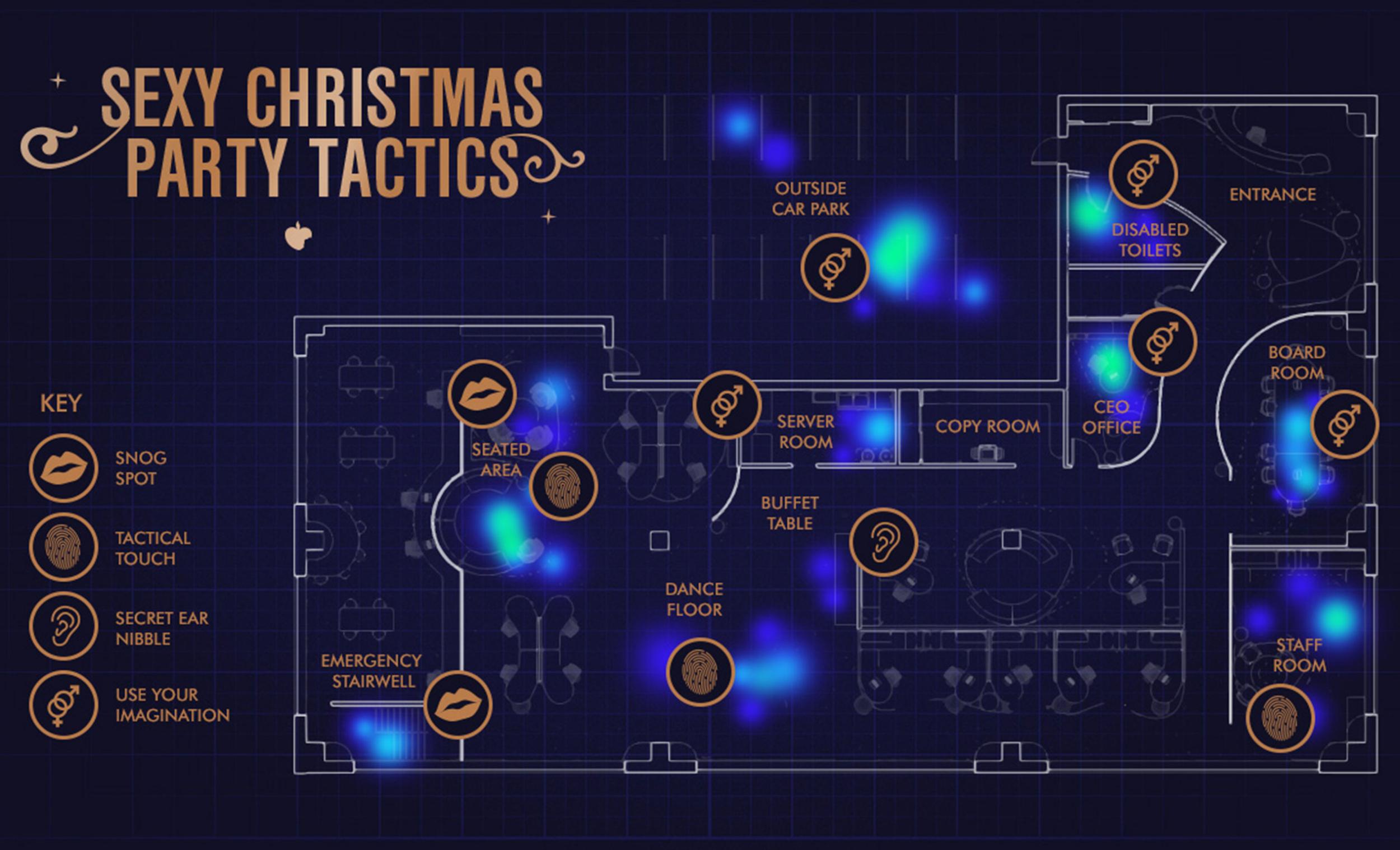 A chart showing the hot-spots for hooking-up in the office at the Christmas party