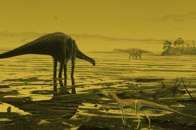 An artist's impression of Sauropod dinosaurs on the Isle of Skye