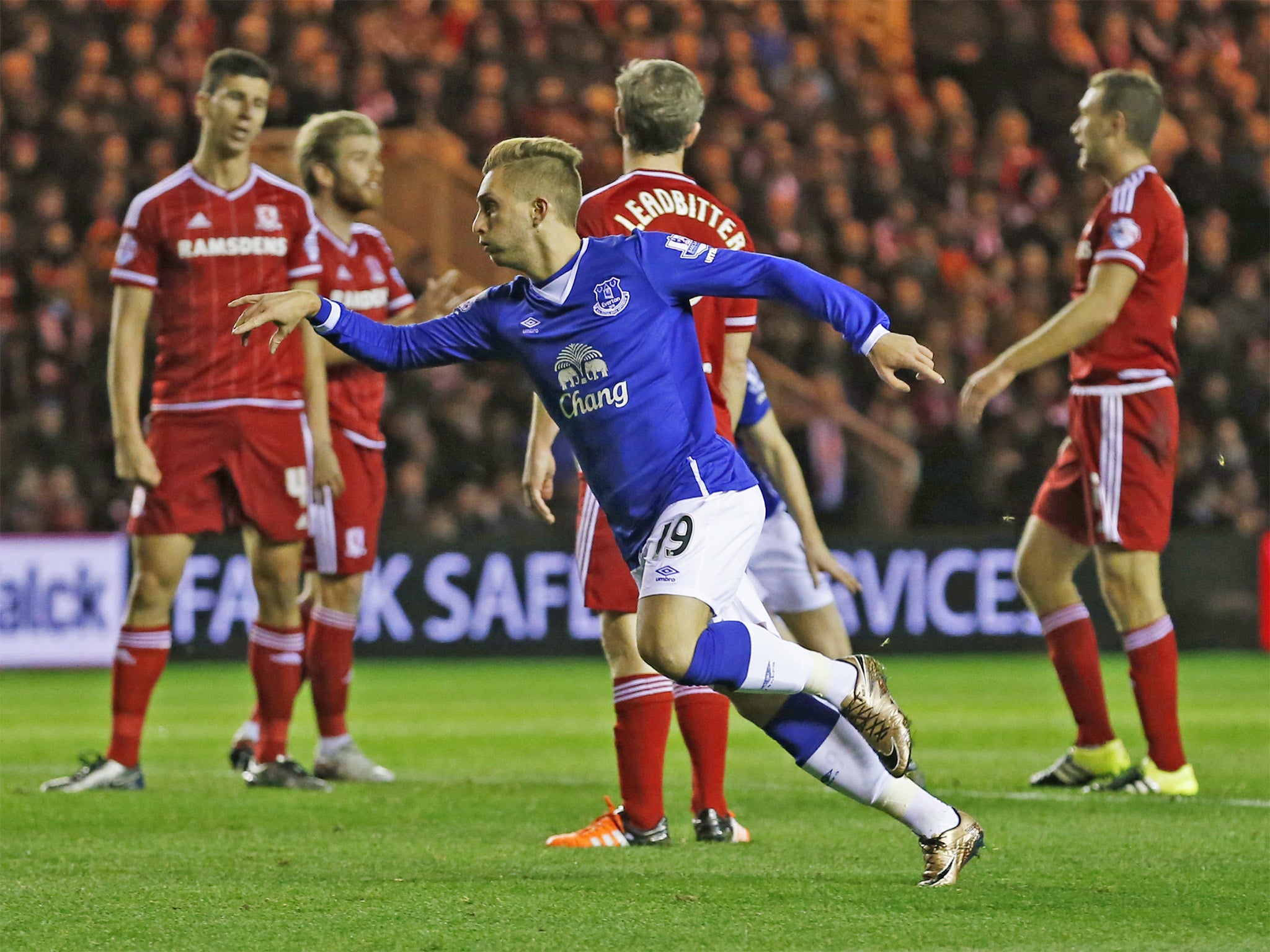Gerard Deulofeu spins away to celebrate scoring Everton’s opener