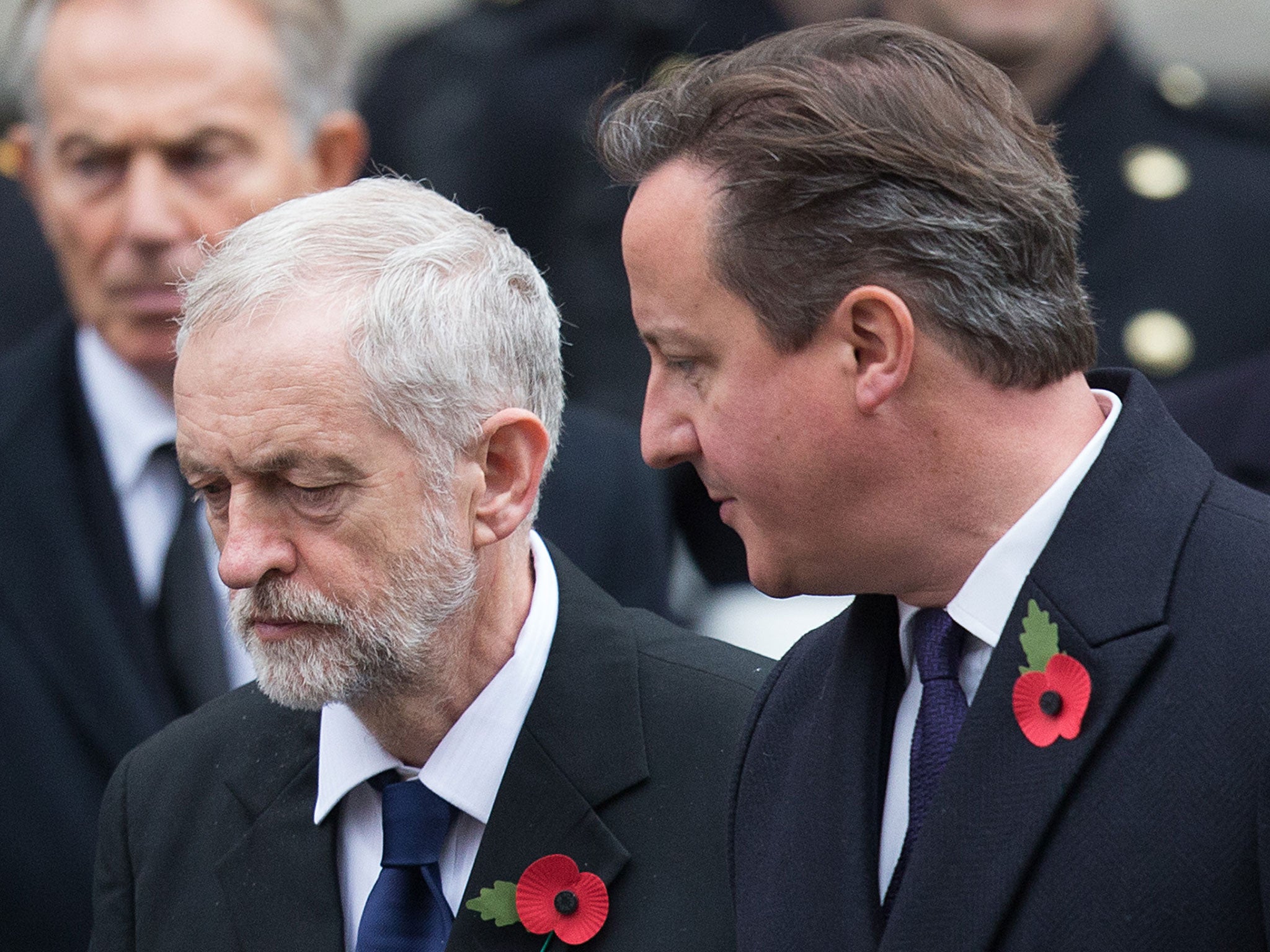 Labour leader Jeremy Corbyn and British Prime Minister David Cameron attend the annual Remembrance Sunday Service at the Cenotaph