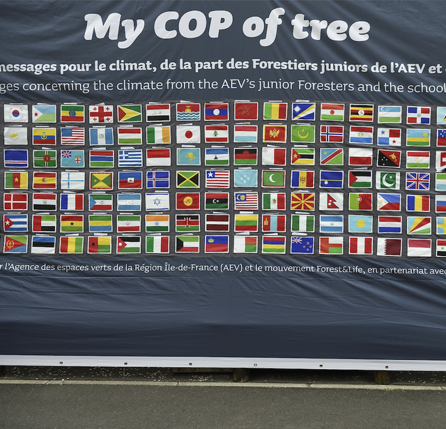 A banner in Paris depicting flags of all the countries involved in the COP21 United Nations Conference on climate change.