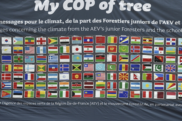 A banner in Paris depicting flags of all the countries involved in the COP21 United Nations Conference on climate change.