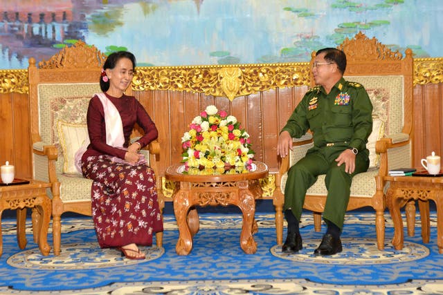 Aung San Suu Kyi with Senior General Min Aung Hlaing at Wednesday’s meeting