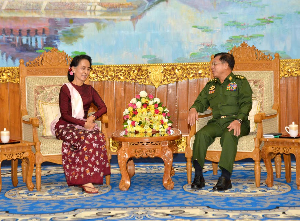 Aung San Suu Kyi with Senior General Min Aung Hlaing at Wednesday’s meeting