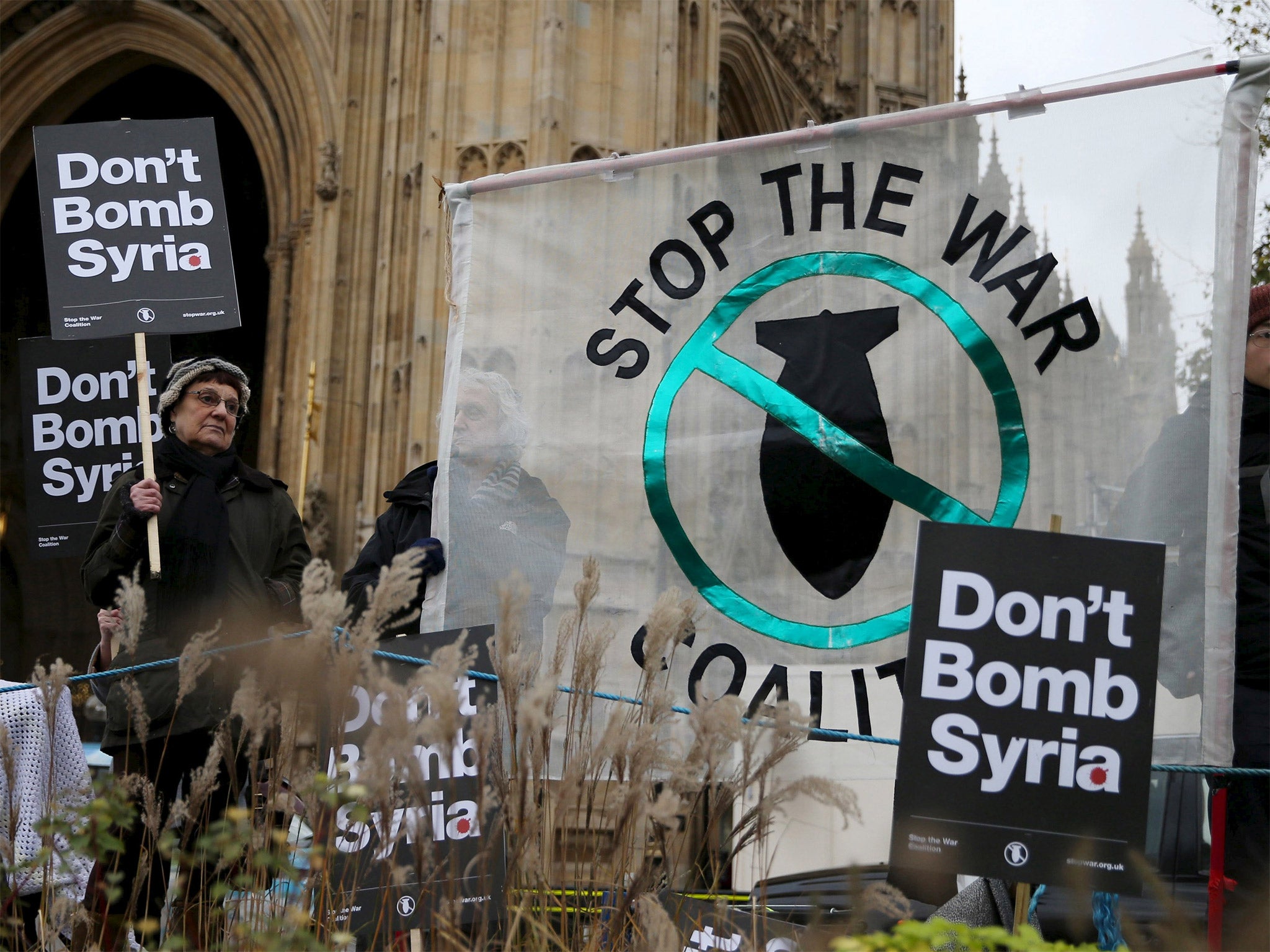 Anti-war protesters maintained their clear and simple message outside the Houses of Parliament on Wednesday