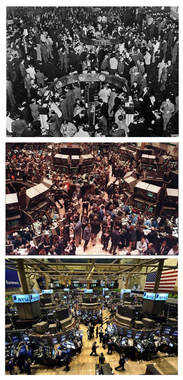 On the floor: the New York Stock exchange over the years, from the middle of the last century (top) to 1987 (middle), when the Dow Jones index dropped more than 500 points in a day, to 2008 (bottom), when it tumbled in the fall-out from the credit crisis