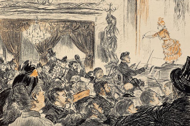 Boulevardiers, whores, pimps: La Scala in Paris, in an engraving after a drawing by Raffaelli