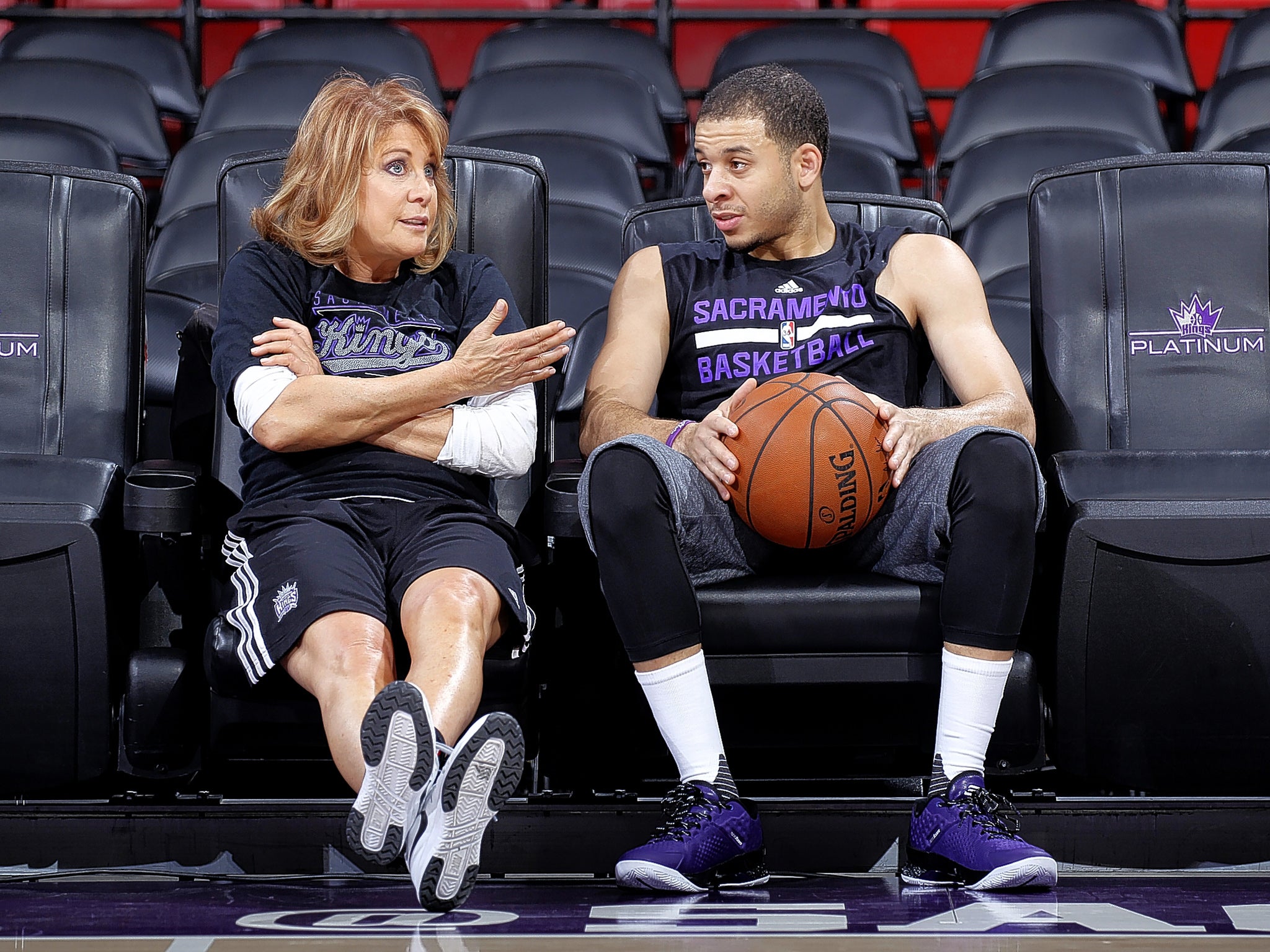 Assistant coach Nancy Lieberman talking to Sacramento Kings point guard Seth Curry at Sleep Train Arena in California