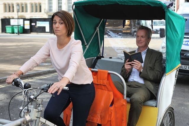 Pedal power: BBC presenter Suzy Klein chauffeurs colleague Frank Skinner on a rickshaw in ‘What a performance! Pioneers of Popular Entertainment’