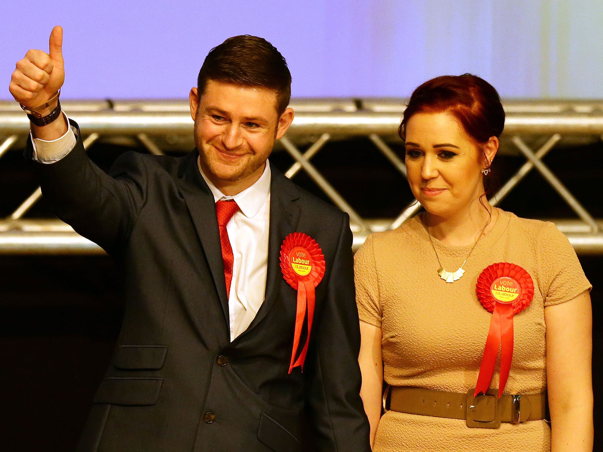 Victorious Labour candidate Jim McMahon with his partner Charlene after winning the Oldham West and Royton by-election
