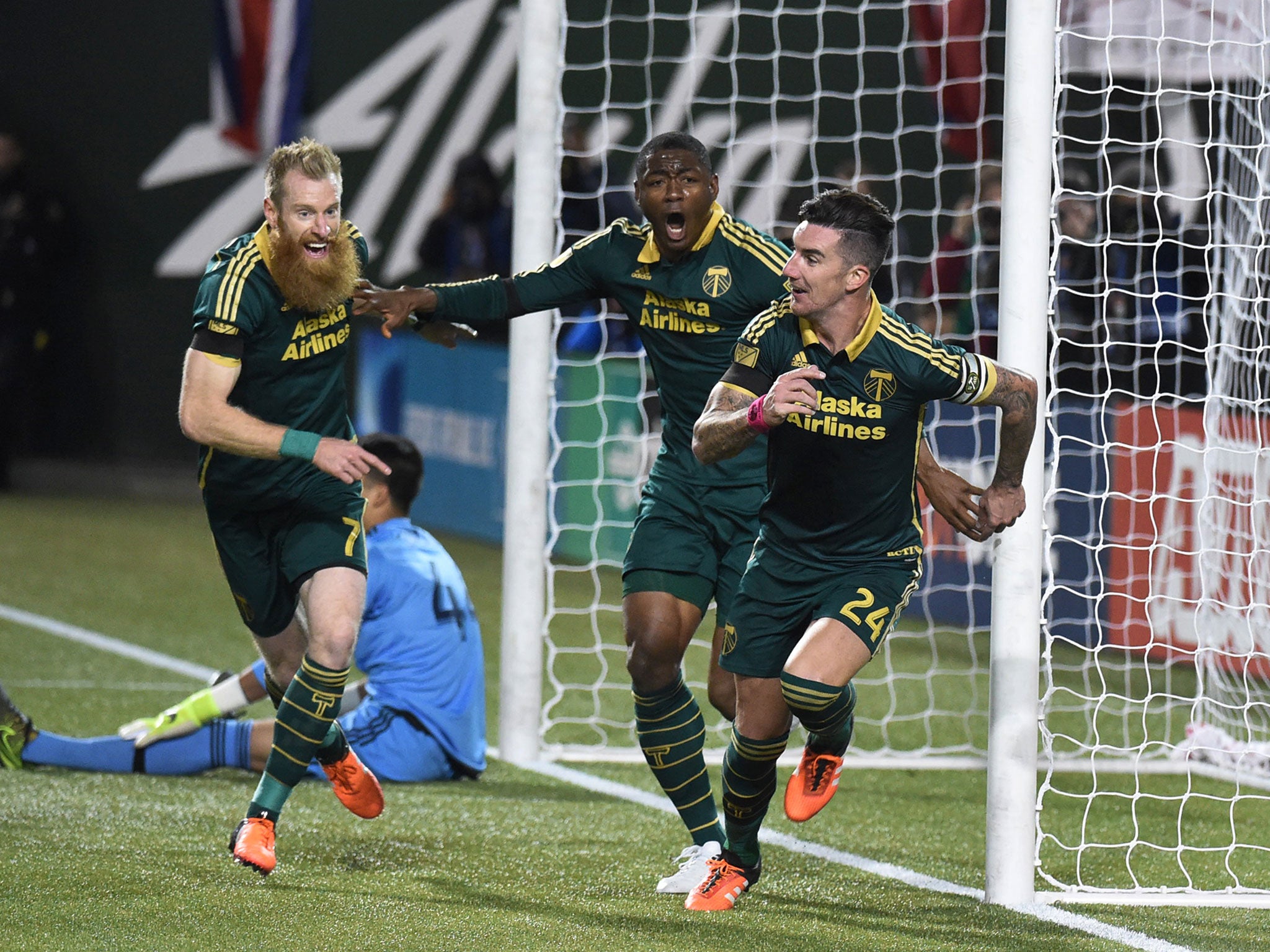 Liam Ridgewell celebrates scoring for Portland Timbers