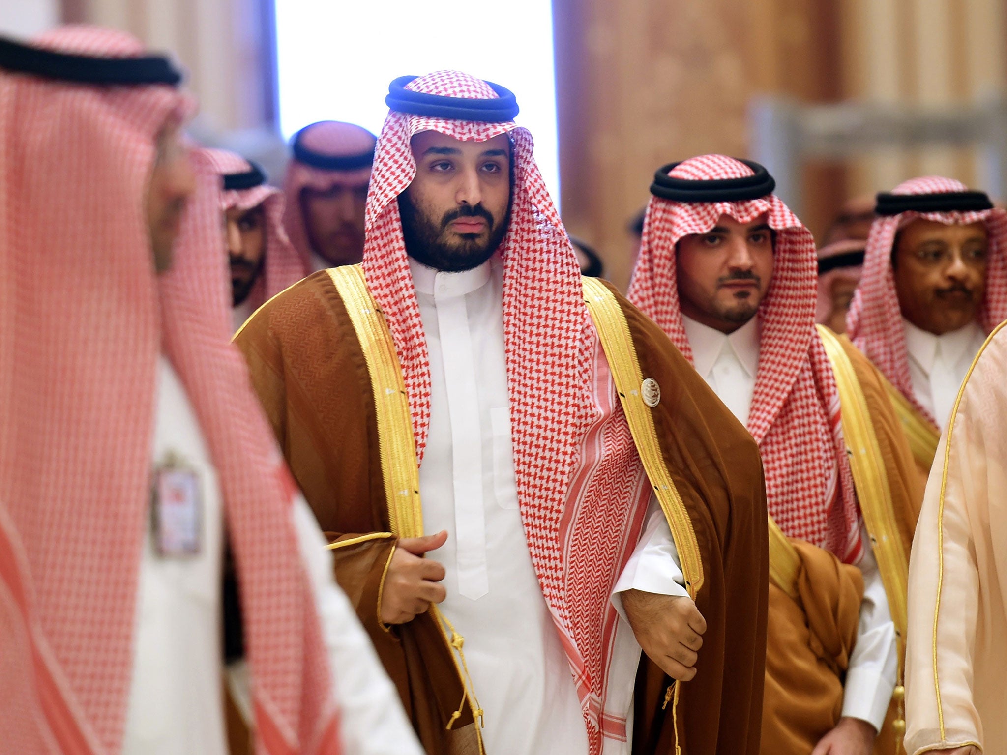 Saudi Defence Minister Mohammed bin Salman (2nd L), who is the desert kingdom's deputy crown prince and second-in-line to the throne, arrives at the closing session of the 4th Summit of Arab States and South American countries held in the Saudi capital Riyadh, on 11 November, 2015