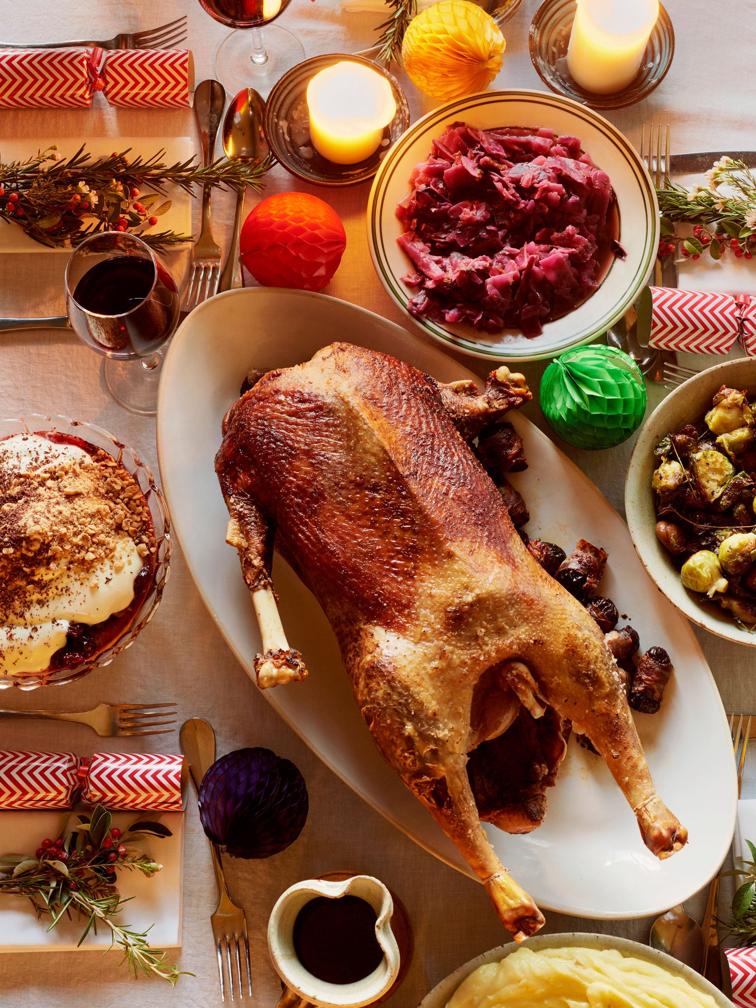 Stevie is serving up goose, sprouts, mashed potatoes and red cabbage