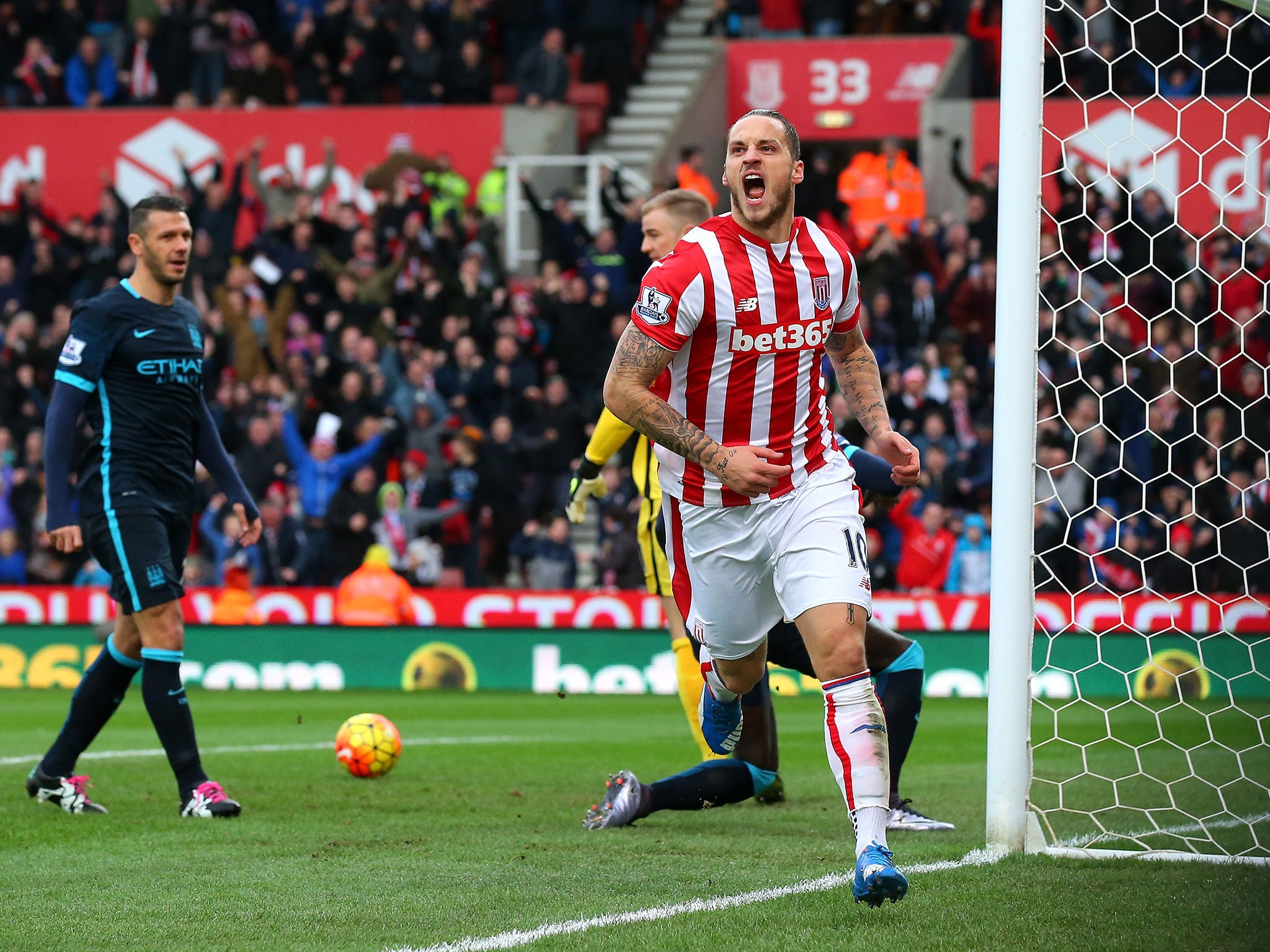 Stoke forward Marko Arnautovic celebrates after scoring against Manchester City