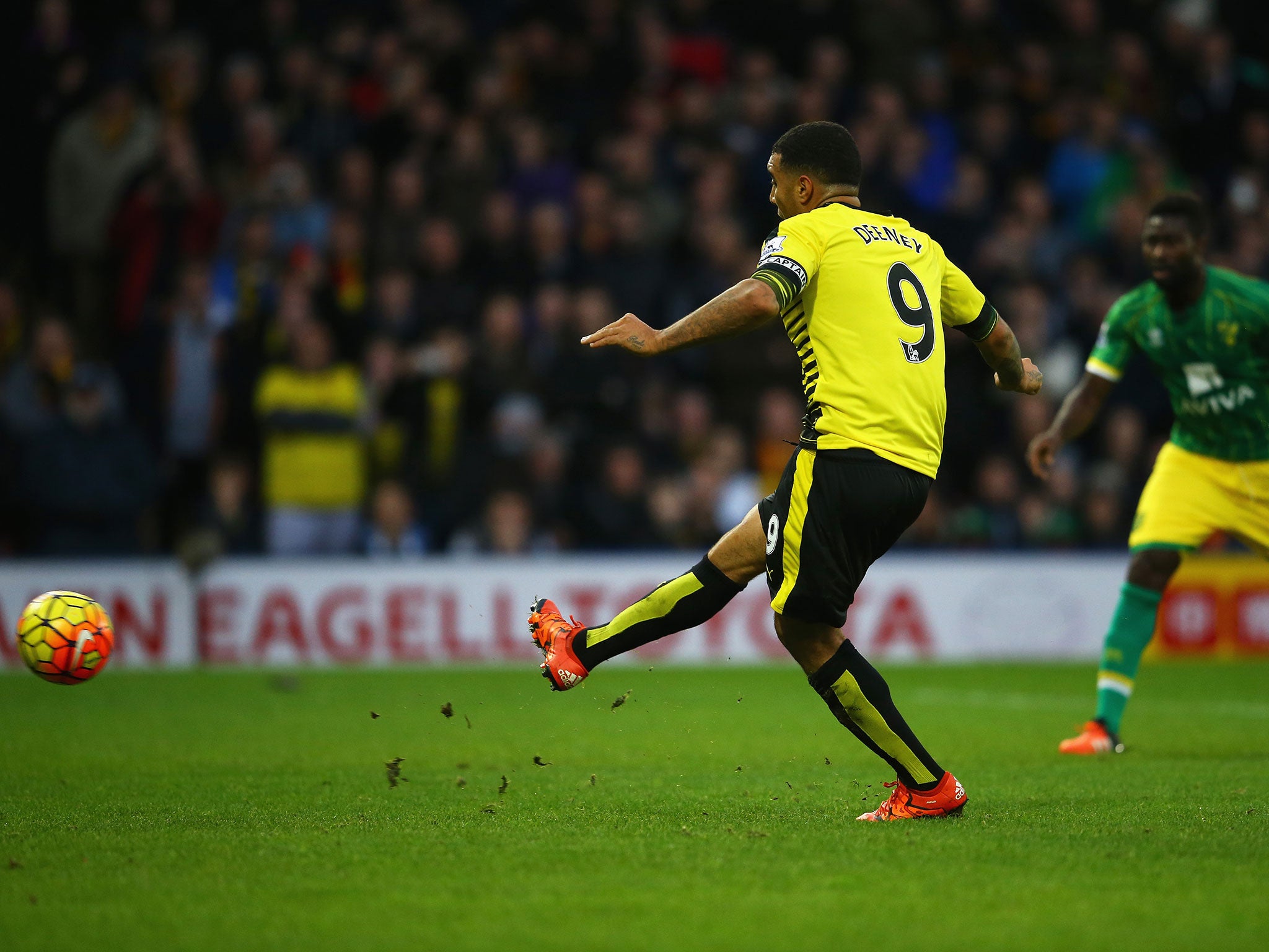 Troy Deeney scores a penalty to give Watford the lead against Norwich