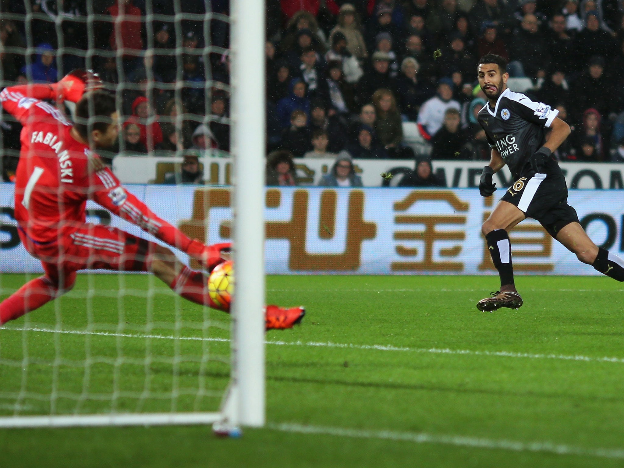 Riyad Mahrez scores Leicester's third to complete his hat-trick