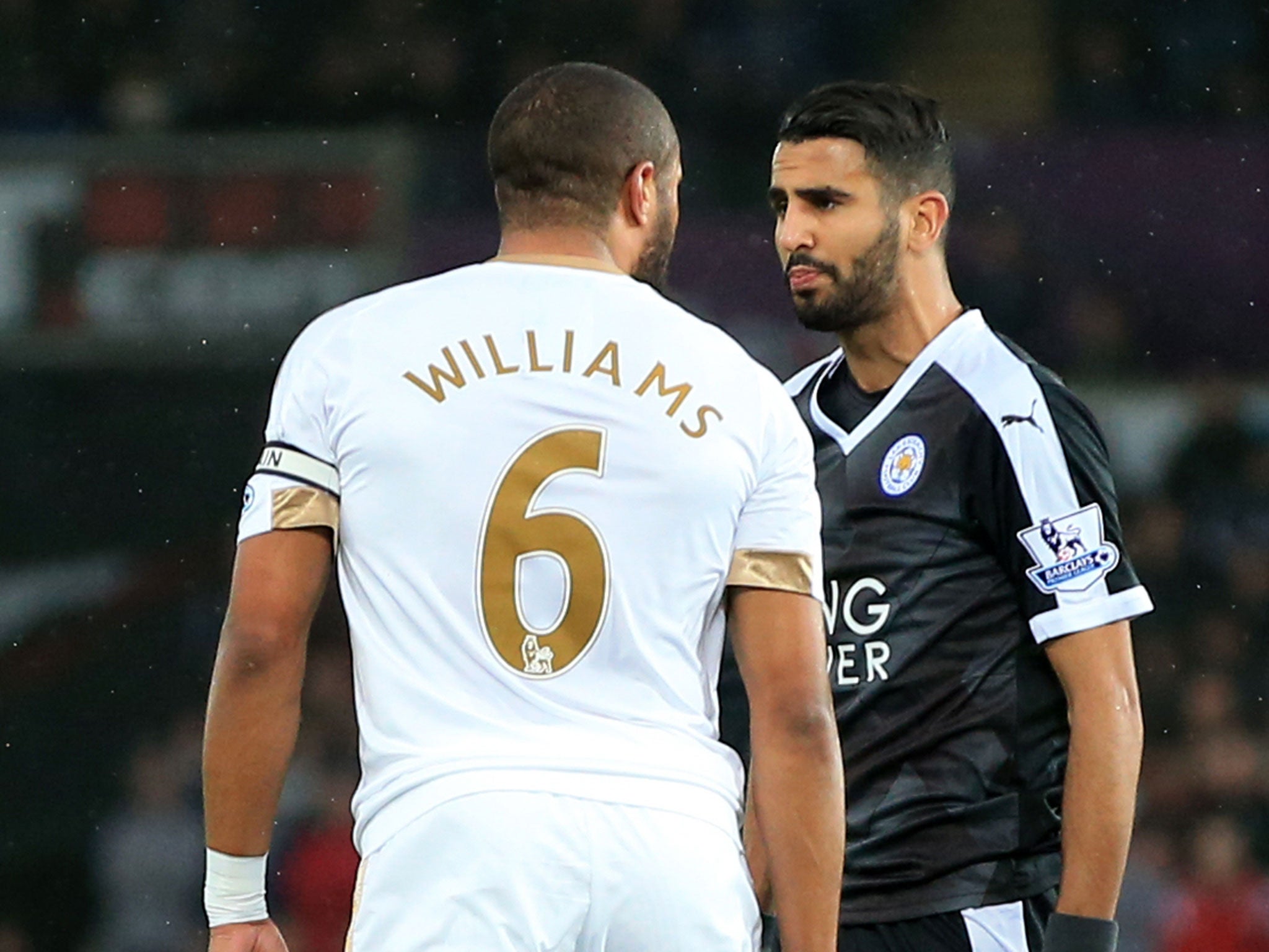 Riyad Mahrez (right) and Ashley Williams (left) had to be separated after the final whistle