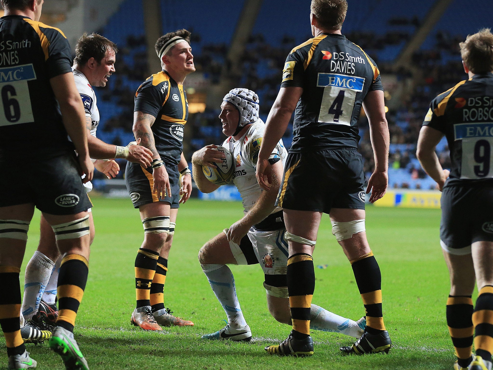 Exeter's Thomas Waldrom celebrates his second try against Wasps