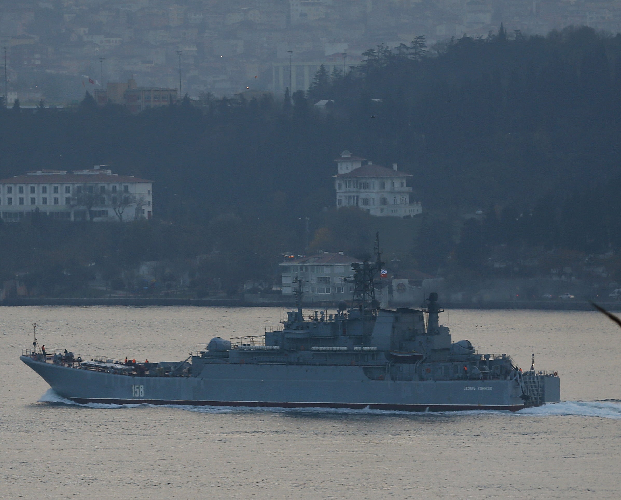 The Russian naval serviceman was spotted on the deck of the Caesar Kunikov while it passed through the Bosphorus Strait