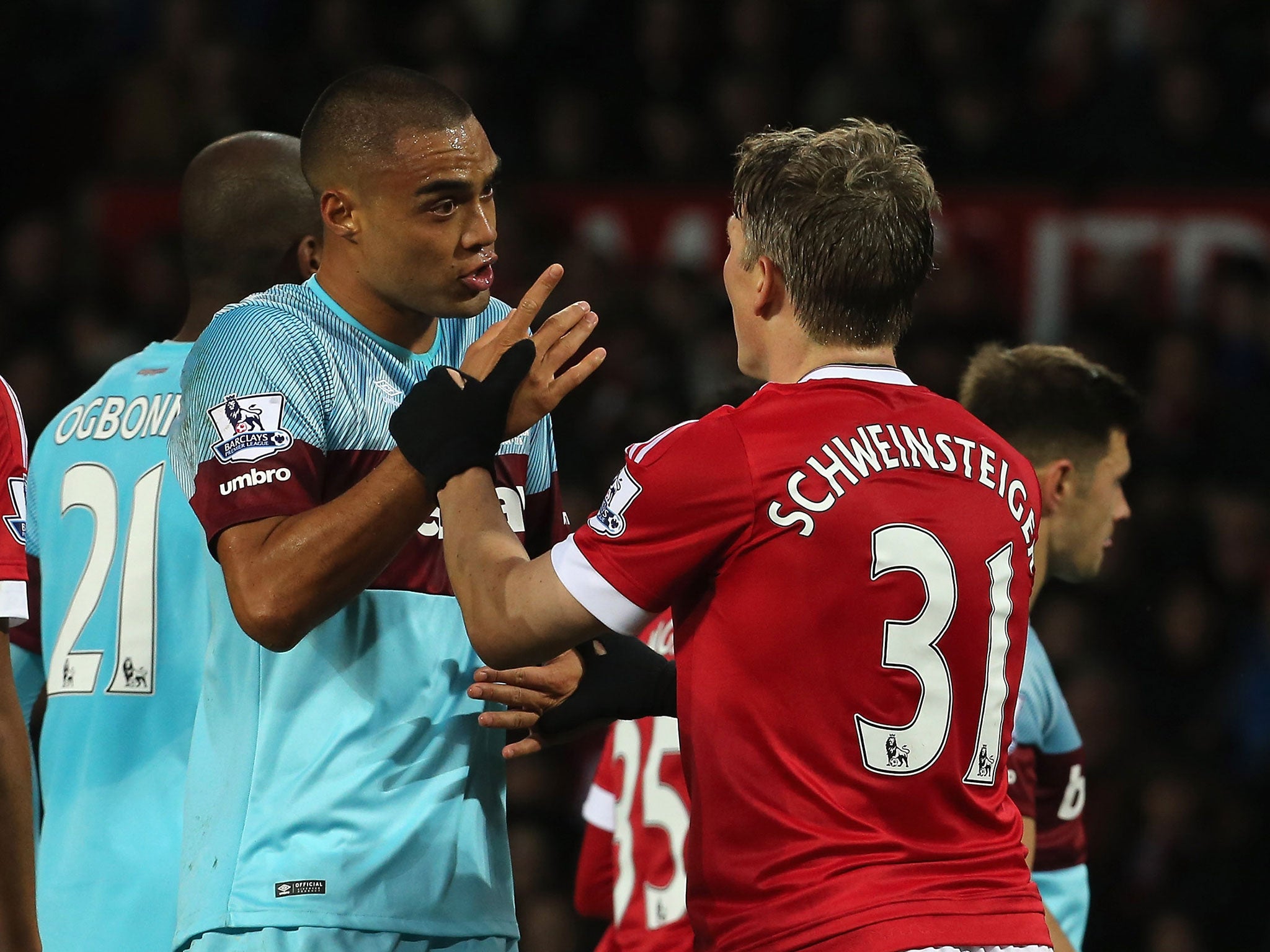 Winston Reid and Bastian Schweinsteiger clash during the 0-0 draw between Manchester United and West Ham
