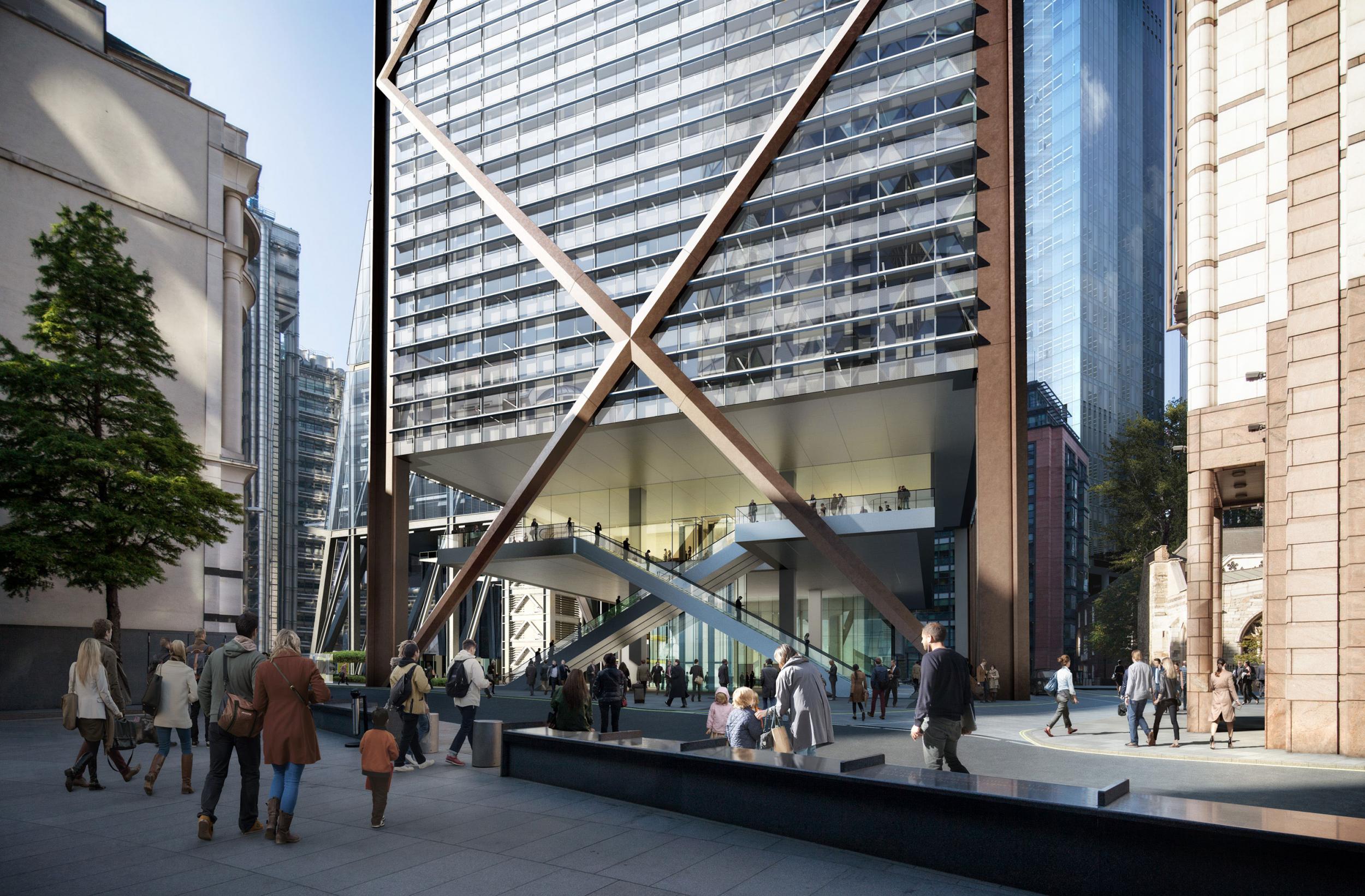 The bottom of the tower will contain a large public square with an elevated lobby (Image: DBOX for Eric Parry Architects)