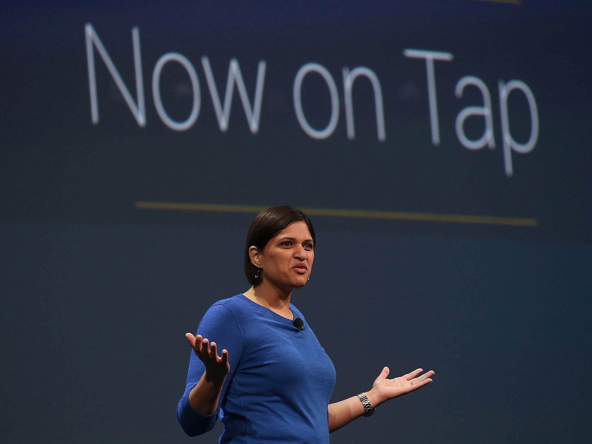 Google Now director Aparna Chennapragada announces 'Now On Tap' during the 2015 Google I/O conference