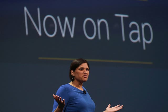 Google Now director Aparna Chennapragada announces 'Now On Tap' during the 2015 Google I/O conference