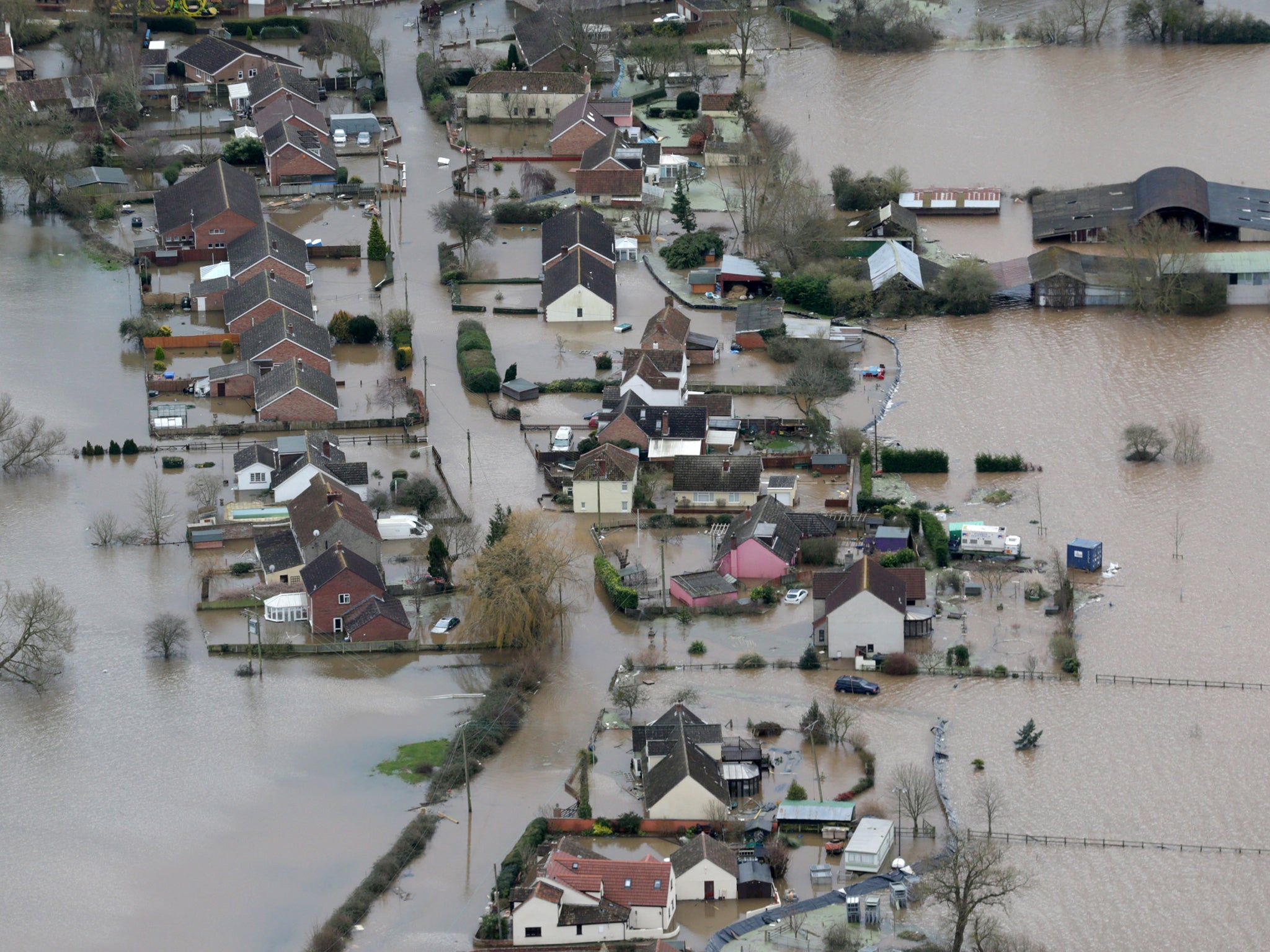 Flooded properties in the village of Moorland near Bridgewater on the Somerset Levels in February 2014