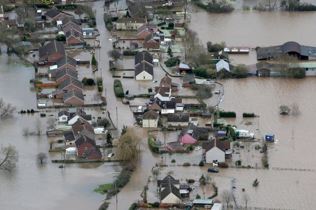 Flooded properties in the village of Moorland near Bridgewater on the Somerset Levels in February 2014