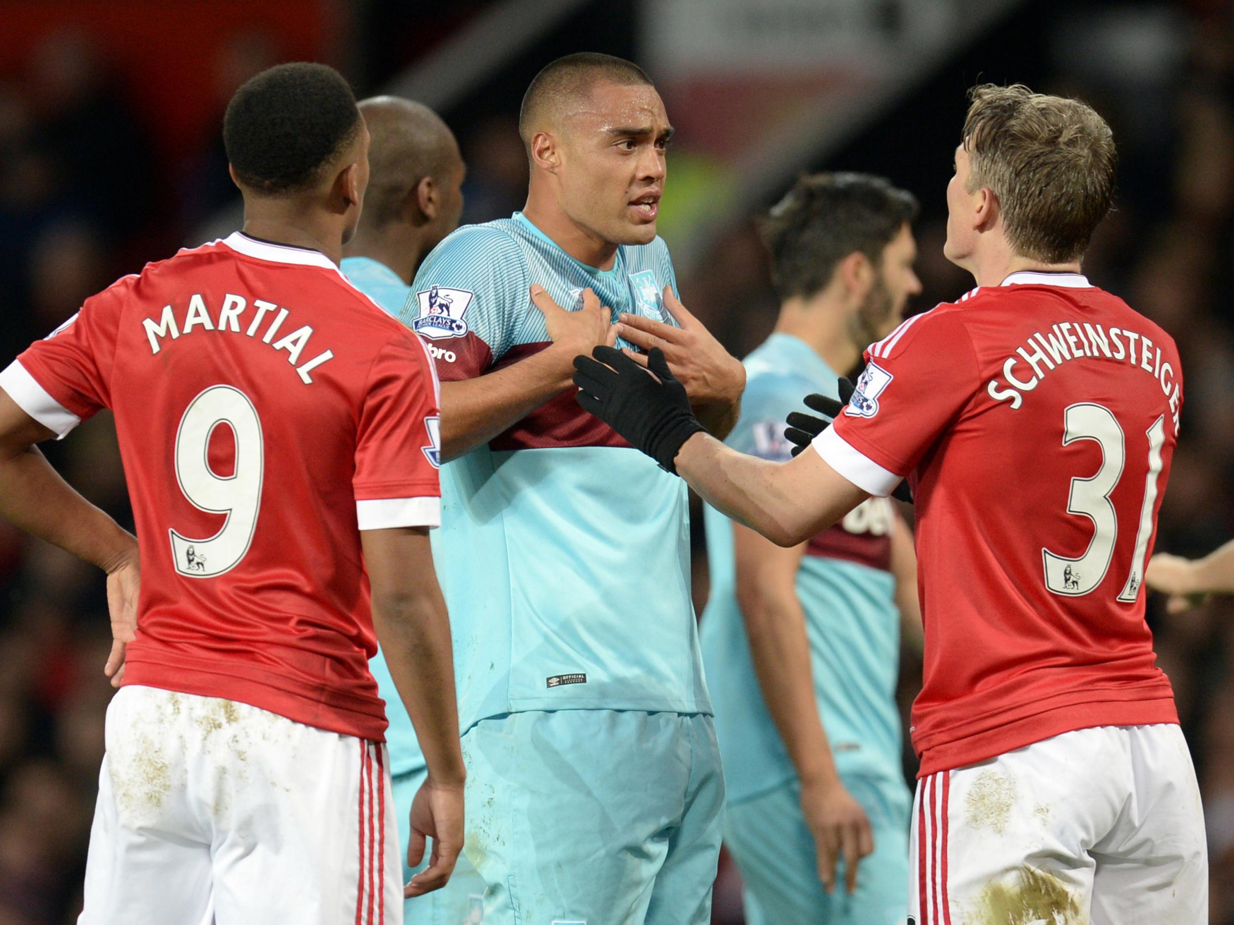 Bastian Schweinsteiger and Winston Reid clash during the 0-0 stalemate at Old Trafford