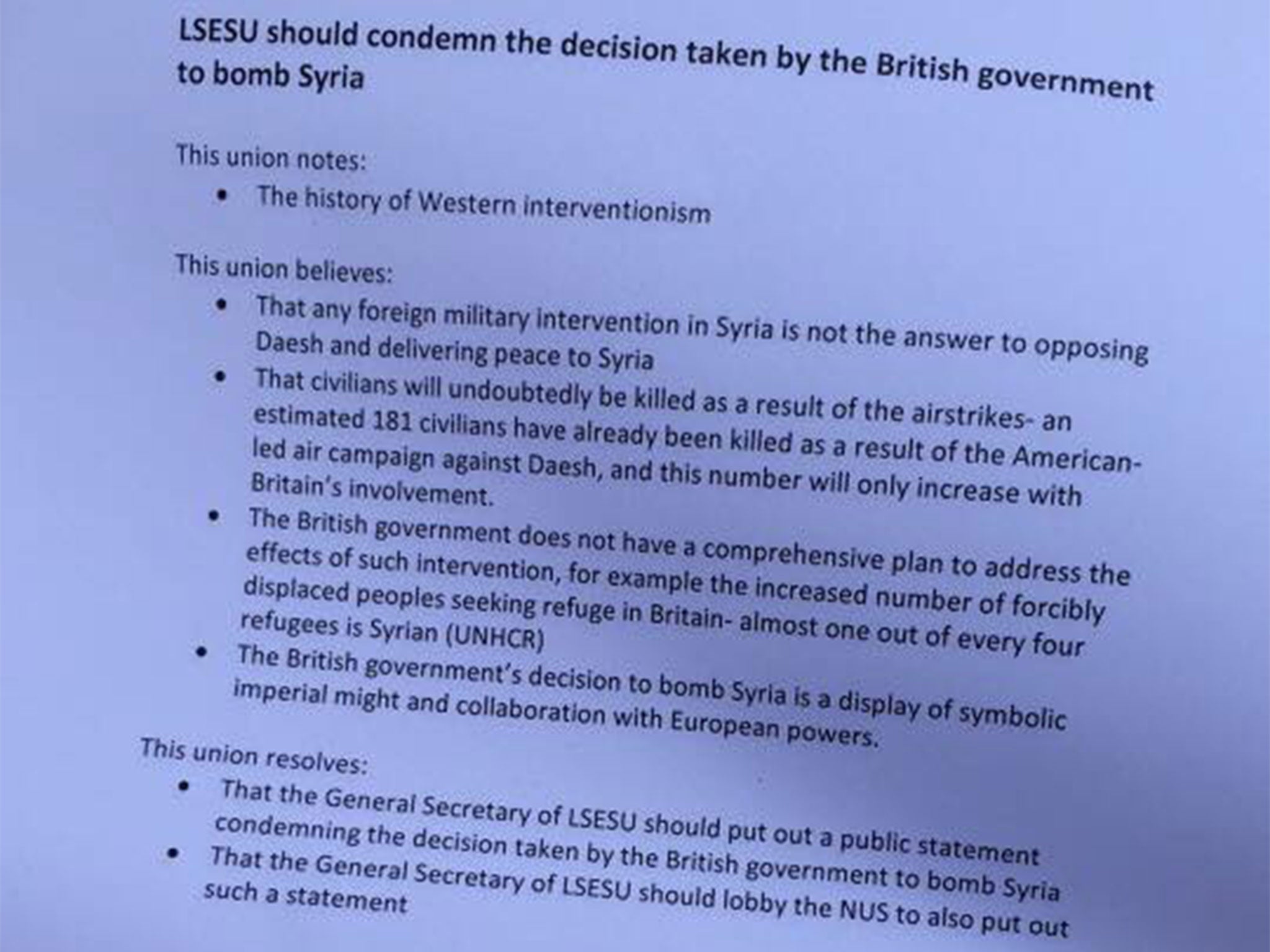 The proposed motion to condemn air strikes in Syria