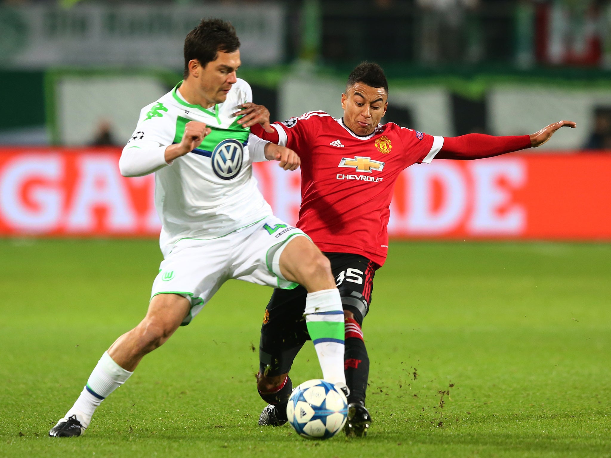 Jesse Lingard in action for Manchester united against Wolfsburg