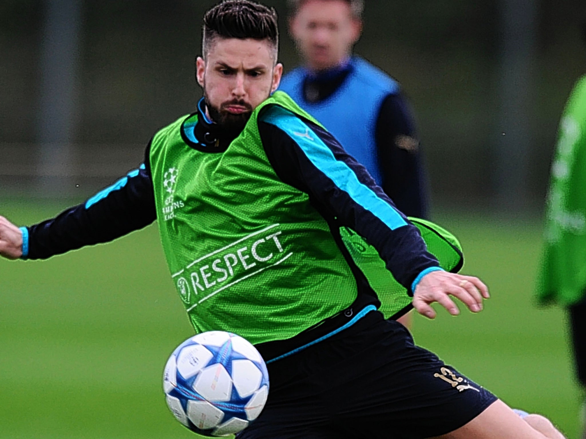 French striker Olivier Giroud gets in some shooting practice ahead of Arsenal’s match against Olympiakos